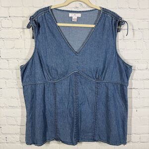 Babydoll Blouse Casual Women Plus Size 2X  Blue Chambray Denim Lace Boho Top